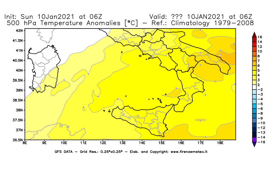 Mappa di analisi GFS - Anomalia Temperatura [°C] a 500 hPa in Sud-Italia
									del 10/01/2021 06 <!--googleoff: index-->UTC<!--googleon: index-->