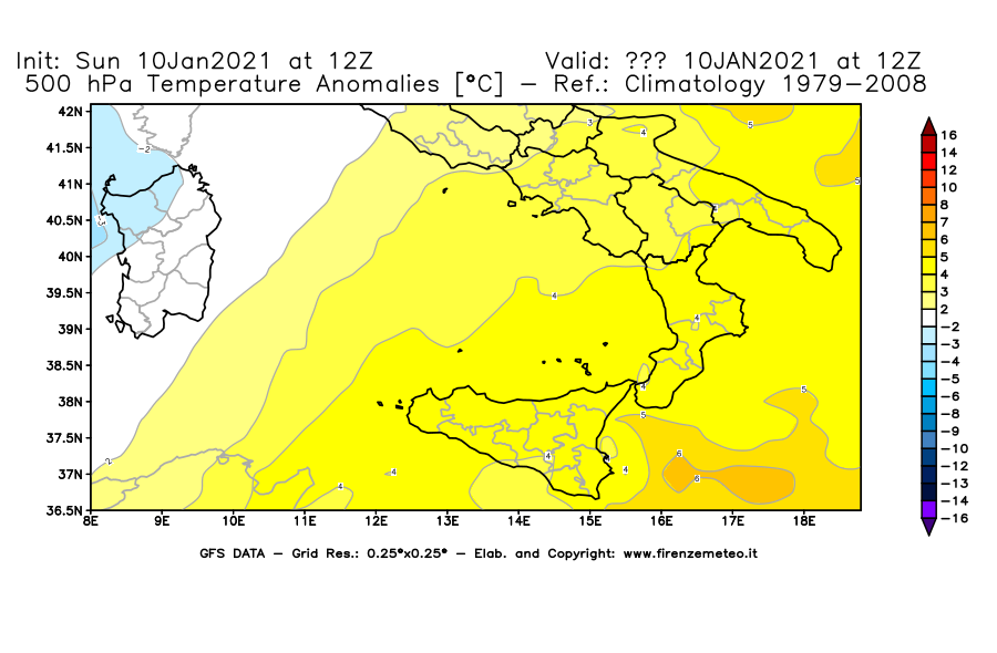 Mappa di analisi GFS - Anomalia Temperatura [°C] a 500 hPa in Sud-Italia
							del 10/01/2021 12 <!--googleoff: index-->UTC<!--googleon: index-->