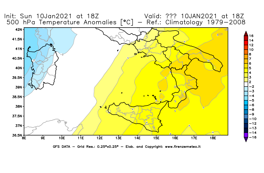 Mappa di analisi GFS - Anomalia Temperatura [°C] a 500 hPa in Sud-Italia
							del 10/01/2021 18 <!--googleoff: index-->UTC<!--googleon: index-->