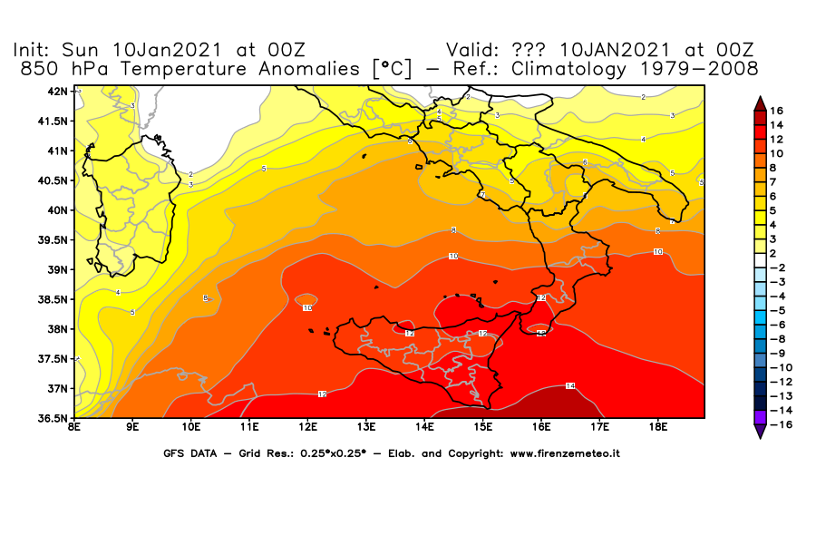 Mappa di analisi GFS - Anomalia Temperatura [°C] a 850 hPa in Sud-Italia
							del 10/01/2021 00 <!--googleoff: index-->UTC<!--googleon: index-->