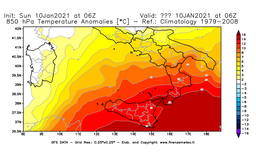 Mappa di analisi GFS - Anomalia Temperatura [°C] a 850 hPa in Sud-Italia
									del 10/01/2021 06 <!--googleoff: index-->UTC<!--googleon: index-->