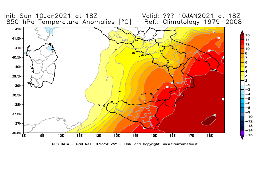 Mappa di analisi GFS - Anomalia Temperatura [°C] a 850 hPa in Sud-Italia
									del 10/01/2021 18 <!--googleoff: index-->UTC<!--googleon: index-->