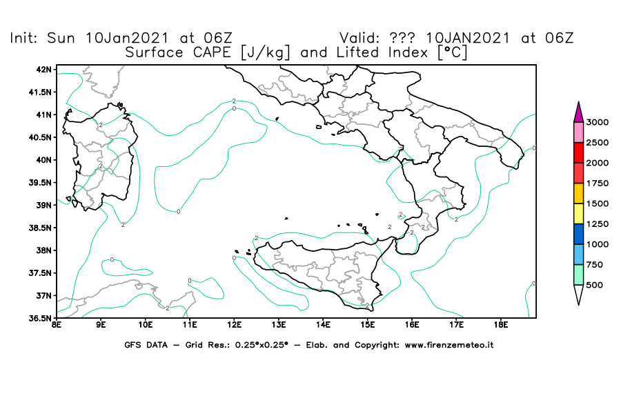 Mappa di analisi GFS - CAPE [J/kg] e Lifted Index [°C] in Sud-Italia
							del 10/01/2021 06 <!--googleoff: index-->UTC<!--googleon: index-->