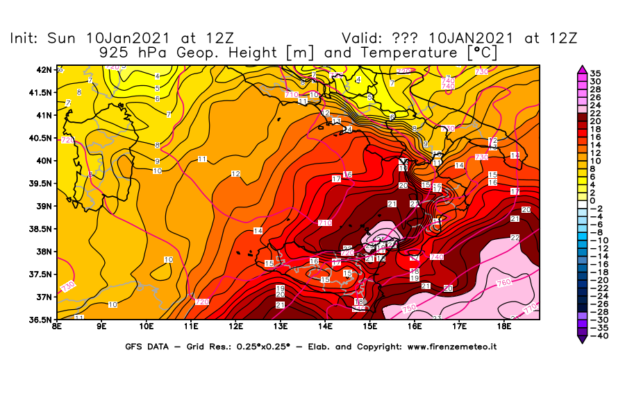 Mappa di analisi GFS - Geopotenziale [m] e Temperatura [°C] a 925 hPa in Sud-Italia
							del 10/01/2021 12 <!--googleoff: index-->UTC<!--googleon: index-->