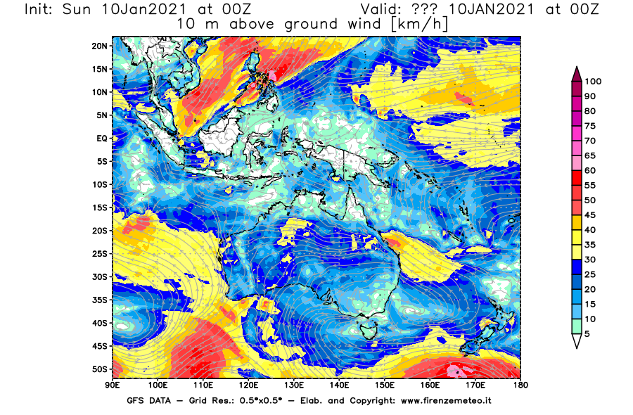 Mappa di analisi GFS - Velocità del vento a 10 metri dal suolo [km/h] in Oceania
									del 10/01/2021 00 <!--googleoff: index-->UTC<!--googleon: index-->