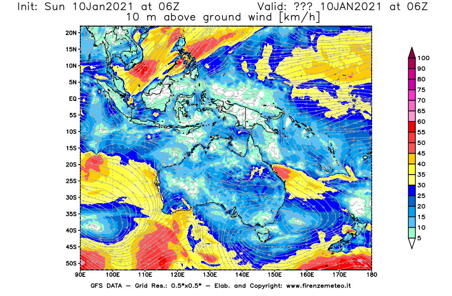 Mappa di analisi GFS - Velocità del vento a 10 metri dal suolo [km/h] in Oceania
									del 10/01/2021 06 <!--googleoff: index-->UTC<!--googleon: index-->