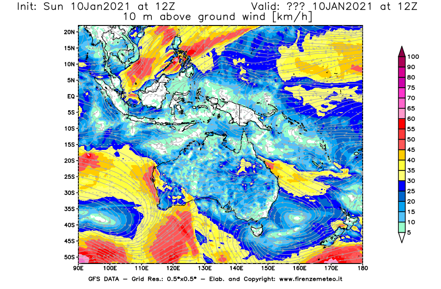 Mappa di analisi GFS - Velocità del vento a 10 metri dal suolo [km/h] in Oceania
							del 10/01/2021 12 <!--googleoff: index-->UTC<!--googleon: index-->