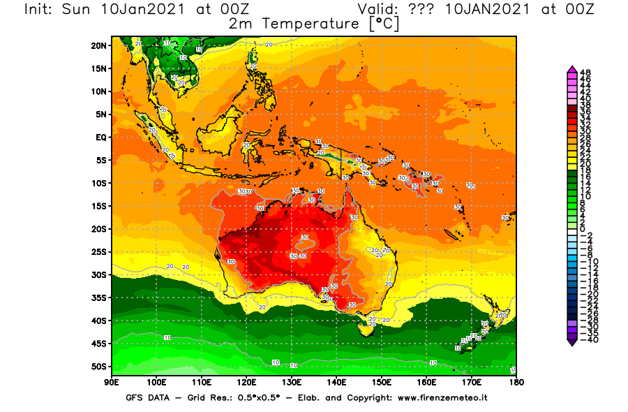 Mappa di analisi GFS - Temperatura a 2 metri dal suolo [°C] in Oceania
							del 10/01/2021 00 <!--googleoff: index-->UTC<!--googleon: index-->