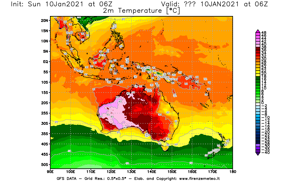 Mappa di analisi GFS - Temperatura a 2 metri dal suolo [°C] in Oceania
							del 10/01/2021 06 <!--googleoff: index-->UTC<!--googleon: index-->