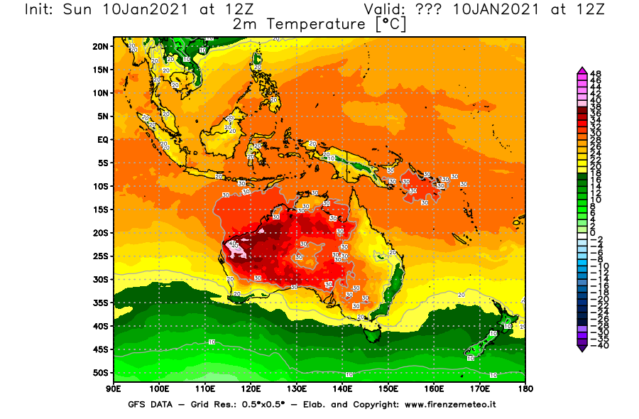 Mappa di analisi GFS - Temperatura a 2 metri dal suolo [°C] in Oceania
									del 10/01/2021 12 <!--googleoff: index-->UTC<!--googleon: index-->