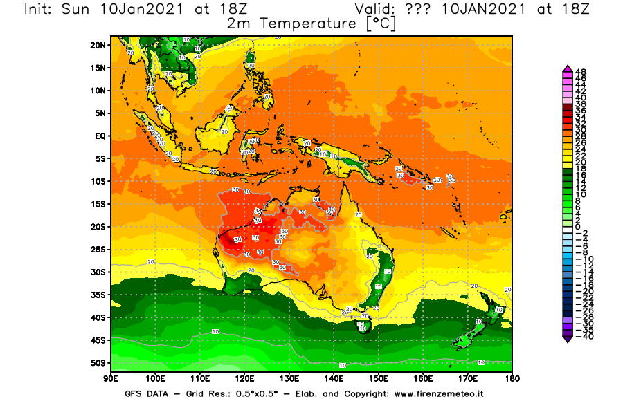 Mappa di analisi GFS - Temperatura a 2 metri dal suolo [°C] in Oceania
									del 10/01/2021 18 <!--googleoff: index-->UTC<!--googleon: index-->