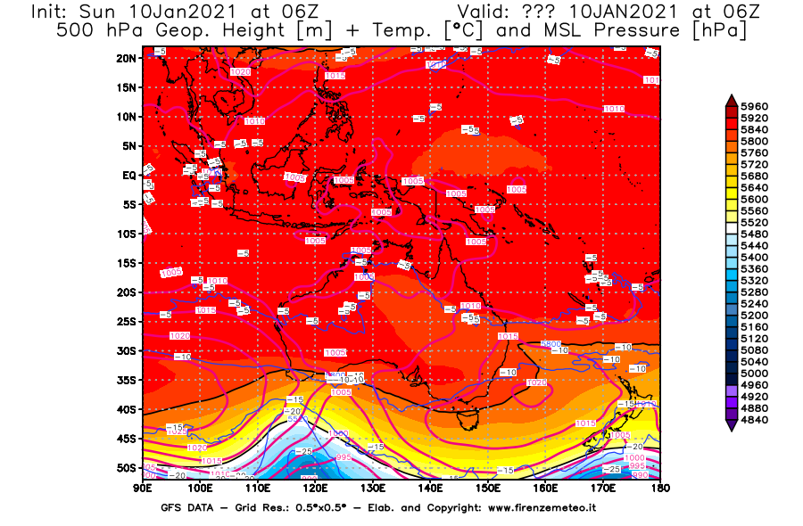 Mappa di analisi GFS - Geopotenziale [m] + Temp. [°C] a 500 hPa + Press. a livello del mare [hPa] in Oceania
									del 10/01/2021 06 <!--googleoff: index-->UTC<!--googleon: index-->