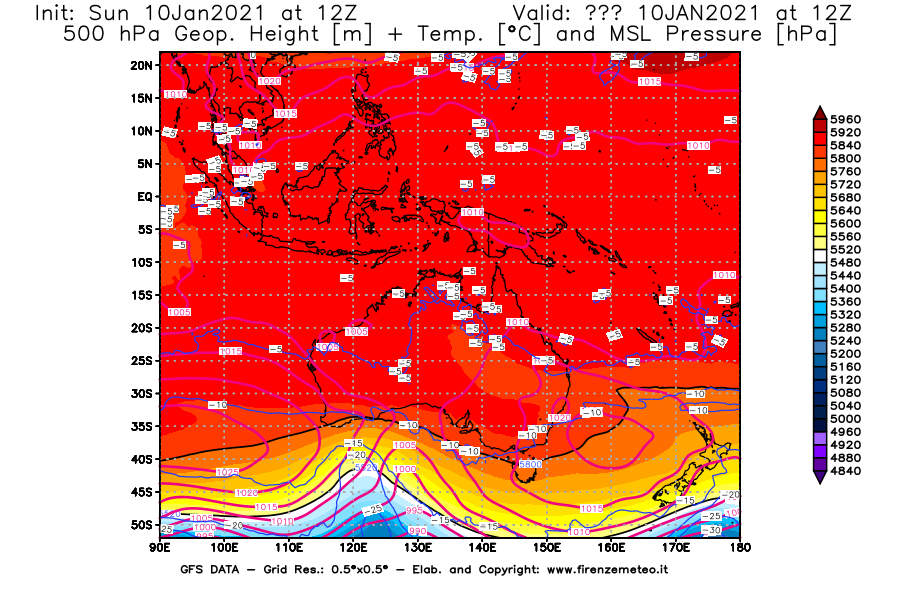 Mappa di analisi GFS - Geopotenziale [m] + Temp. [°C] a 500 hPa + Press. a livello del mare [hPa] in Oceania
							del 10/01/2021 12 <!--googleoff: index-->UTC<!--googleon: index-->