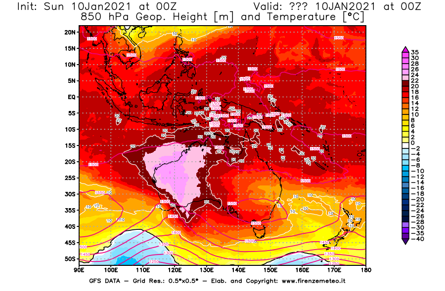Mappa di analisi GFS - Geopotenziale [m] e Temperatura [°C] a 850 hPa in Oceania
							del 10/01/2021 00 <!--googleoff: index-->UTC<!--googleon: index-->