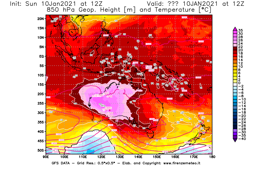 Mappa di analisi GFS - Geopotenziale [m] e Temperatura [°C] a 850 hPa in Oceania
									del 10/01/2021 12 <!--googleoff: index-->UTC<!--googleon: index-->