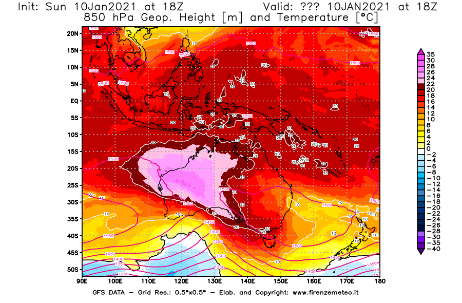 Mappa di analisi GFS - Geopotenziale [m] e Temperatura [°C] a 850 hPa in Oceania
									del 10/01/2021 18 <!--googleoff: index-->UTC<!--googleon: index-->