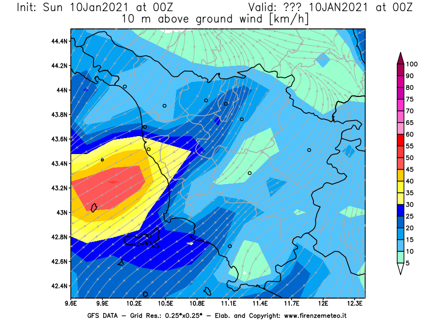 Mappa di analisi GFS - Velocità del vento a 10 metri dal suolo [km/h] in Toscana
							del 10/01/2021 00 <!--googleoff: index-->UTC<!--googleon: index-->