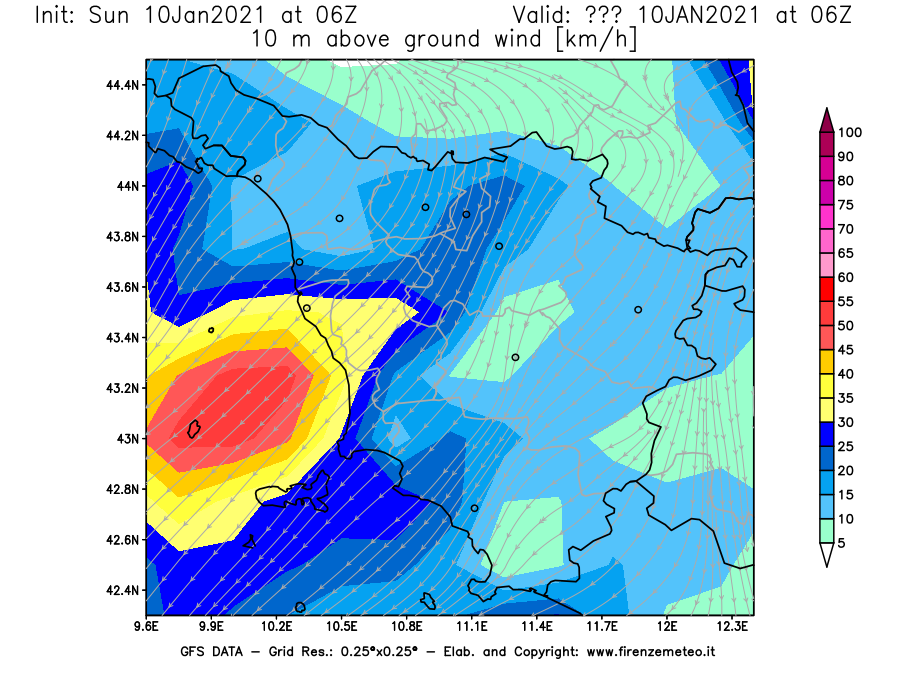 Mappa di analisi GFS - Velocità del vento a 10 metri dal suolo [km/h] in Toscana
							del 10/01/2021 06 <!--googleoff: index-->UTC<!--googleon: index-->