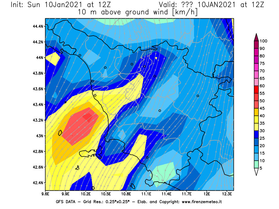 Mappa di analisi GFS - Velocità del vento a 10 metri dal suolo [km/h] in Toscana
									del 10/01/2021 12 <!--googleoff: index-->UTC<!--googleon: index-->