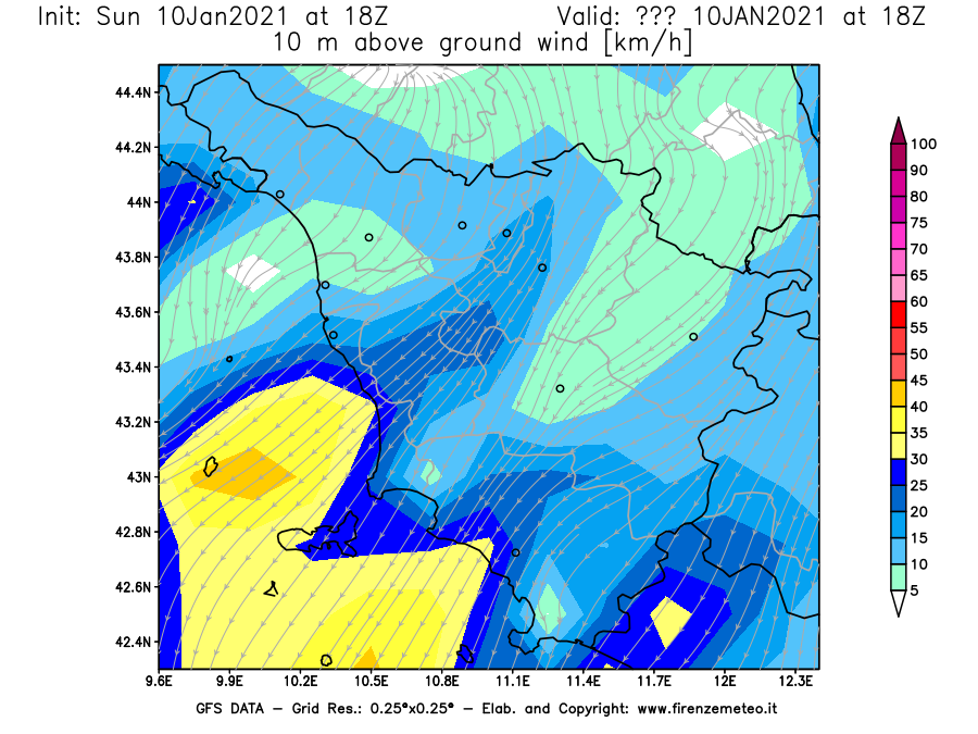Mappa di analisi GFS - Velocità del vento a 10 metri dal suolo [km/h] in Toscana
									del 10/01/2021 18 <!--googleoff: index-->UTC<!--googleon: index-->