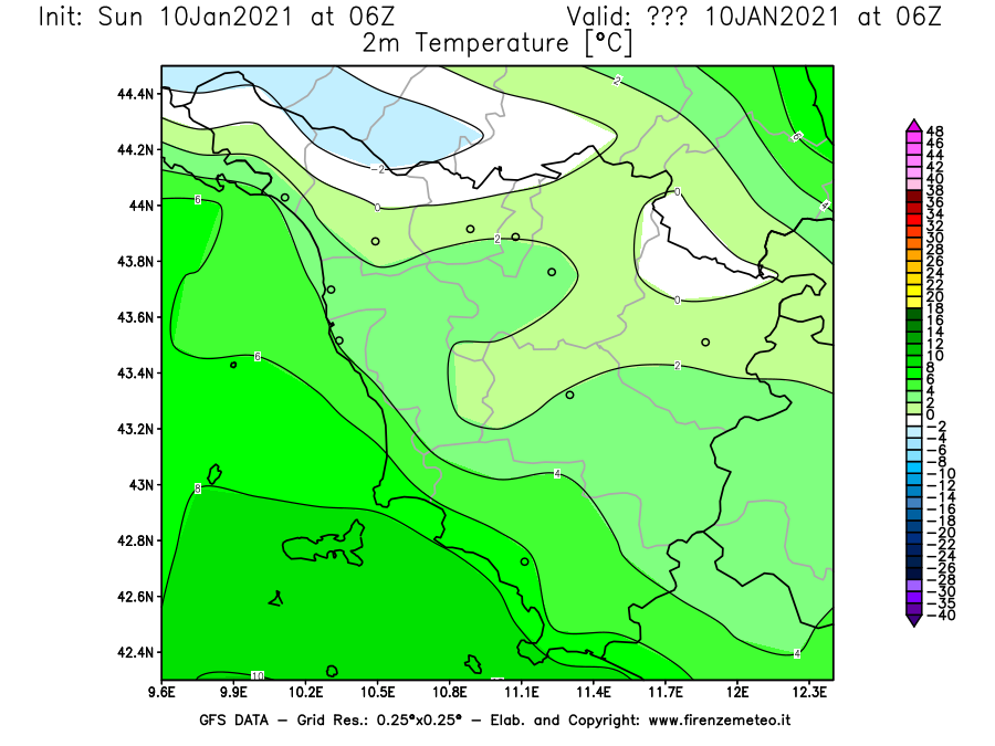 Mappa di analisi GFS - Temperatura a 2 metri dal suolo [°C] in Toscana
							del 10/01/2021 06 <!--googleoff: index-->UTC<!--googleon: index-->