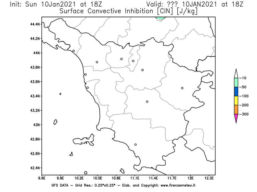 Mappa di analisi GFS - CIN [J/kg] in Toscana
									del 10/01/2021 18 <!--googleoff: index-->UTC<!--googleon: index-->