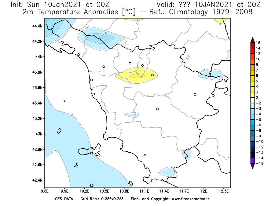 Mappa di analisi GFS - Anomalia Temperatura [°C] a 2 m in Toscana
									del 10/01/2021 00 <!--googleoff: index-->UTC<!--googleon: index-->