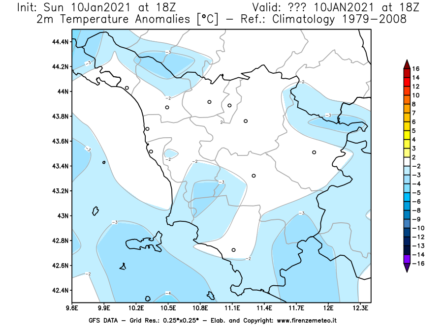 Mappa di analisi GFS - Anomalia Temperatura [°C] a 2 m in Toscana
							del 10/01/2021 18 <!--googleoff: index-->UTC<!--googleon: index-->
