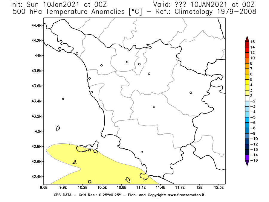 Mappa di analisi GFS - Anomalia Temperatura [°C] a 500 hPa in Toscana
									del 10/01/2021 00 <!--googleoff: index-->UTC<!--googleon: index-->