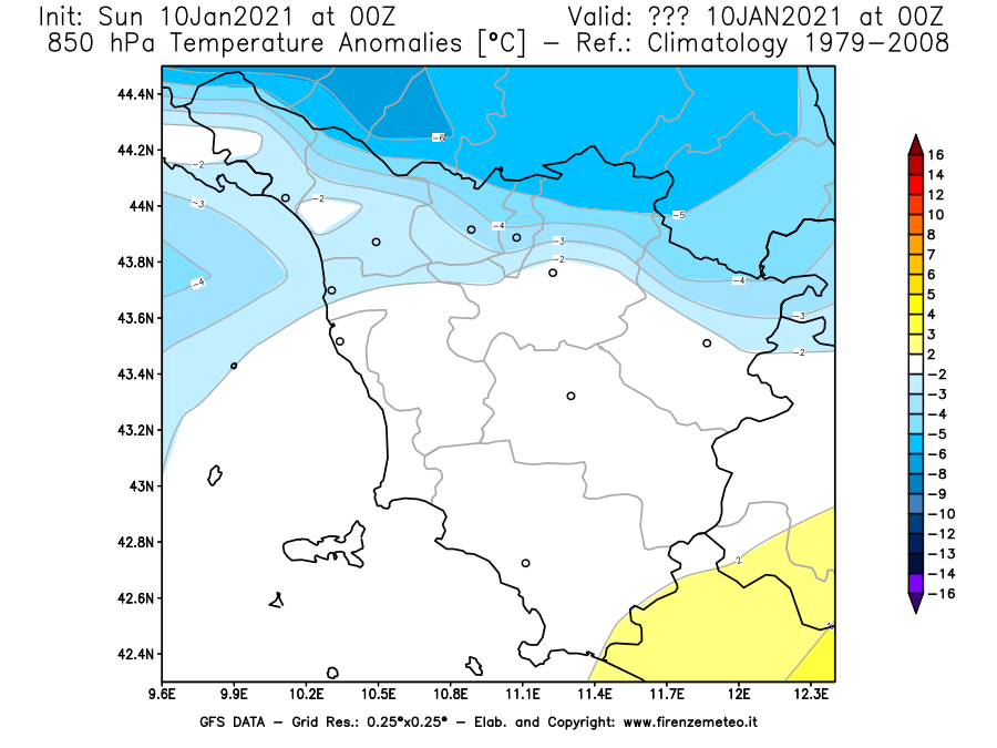Mappa di analisi GFS - Anomalia Temperatura [°C] a 850 hPa in Toscana
							del 10/01/2021 00 <!--googleoff: index-->UTC<!--googleon: index-->