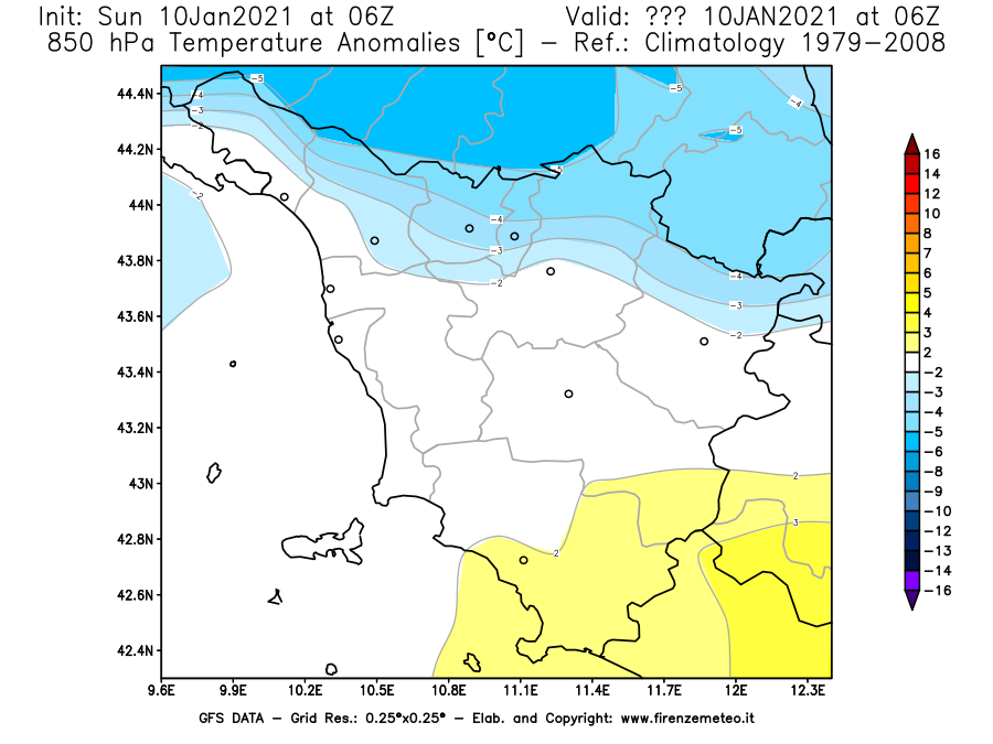 Mappa di analisi GFS - Anomalia Temperatura [°C] a 850 hPa in Toscana
							del 10/01/2021 06 <!--googleoff: index-->UTC<!--googleon: index-->