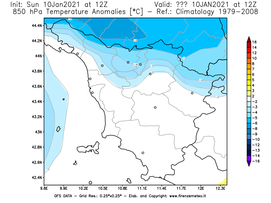Mappa di analisi GFS - Anomalia Temperatura [°C] a 850 hPa in Toscana
									del 10/01/2021 12 <!--googleoff: index-->UTC<!--googleon: index-->