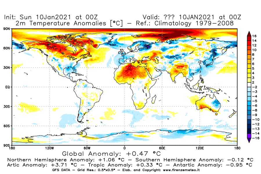 Mappa di analisi GFS - Anomalia Temperatura [°C] a 2 m in World
									del 10/01/2021 00 <!--googleoff: index-->UTC<!--googleon: index-->
