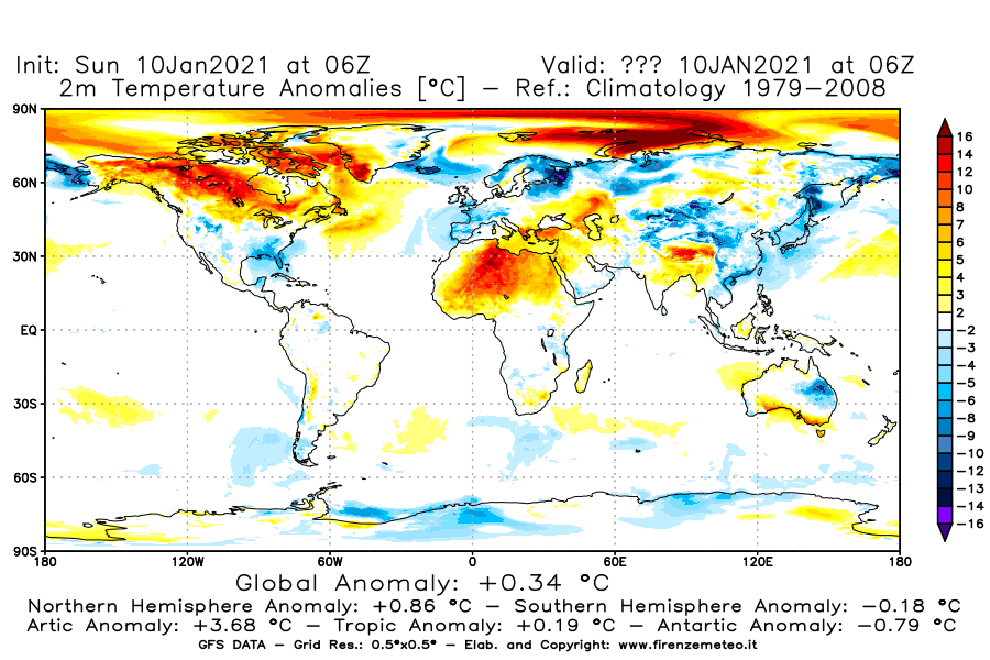 Mappa di analisi GFS - Anomalia Temperatura [°C] a 2 m in World
									del 10/01/2021 06 <!--googleoff: index-->UTC<!--googleon: index-->