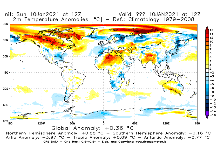 Mappa di analisi GFS - Anomalia Temperatura [°C] a 2 m in World
							del 10/01/2021 12 <!--googleoff: index-->UTC<!--googleon: index-->