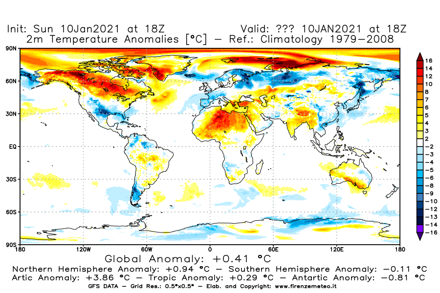 Mappa di analisi GFS - Anomalia Temperatura [°C] a 2 m in World
							del 10/01/2021 18 <!--googleoff: index-->UTC<!--googleon: index-->