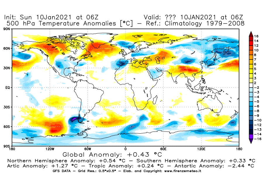 Mappa di analisi GFS - Anomalia Temperatura [°C] a 500 hPa in World
							del 10/01/2021 06 <!--googleoff: index-->UTC<!--googleon: index-->