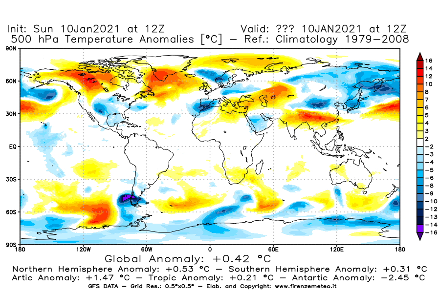 Mappa di analisi GFS - Anomalia Temperatura [°C] a 500 hPa in World
							del 10/01/2021 12 <!--googleoff: index-->UTC<!--googleon: index-->