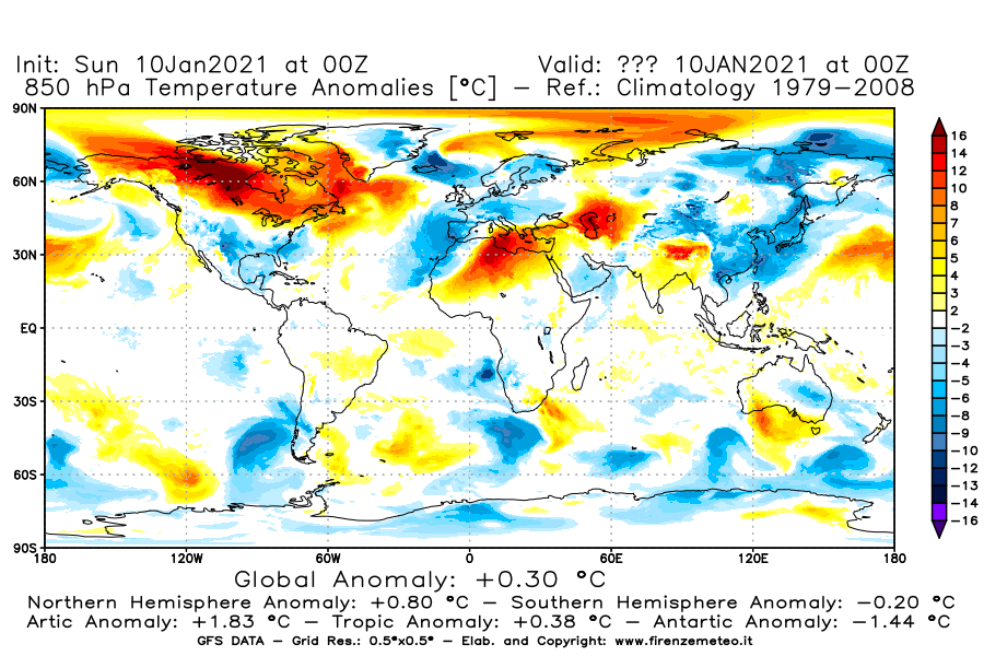 Mappa di analisi GFS - Anomalia Temperatura [°C] a 850 hPa in World
							del 10/01/2021 00 <!--googleoff: index-->UTC<!--googleon: index-->