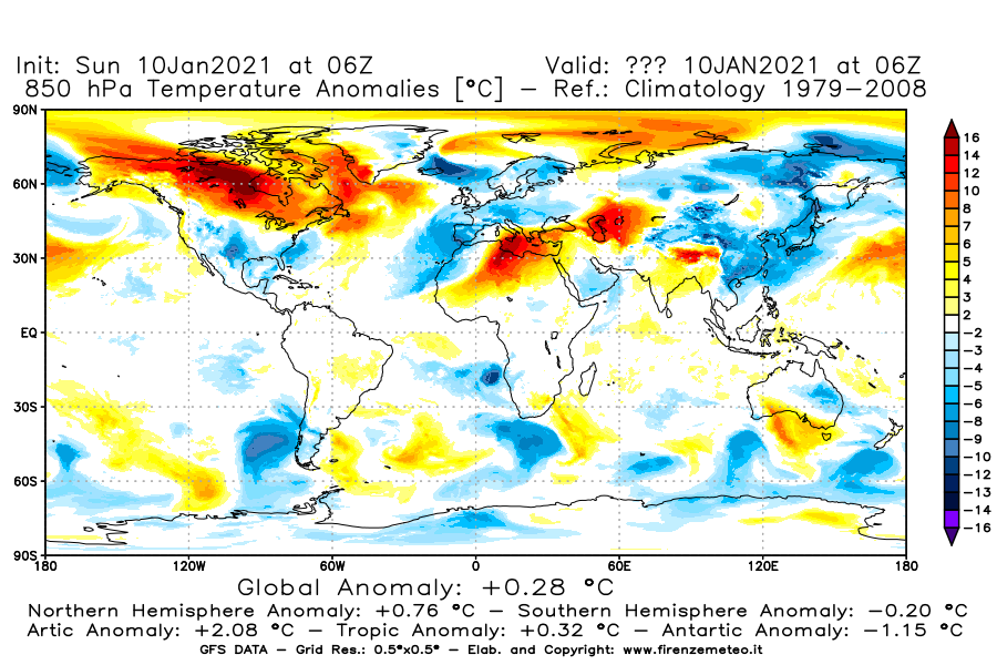 Mappa di analisi GFS - Anomalia Temperatura [°C] a 850 hPa in World
									del 10/01/2021 06 <!--googleoff: index-->UTC<!--googleon: index-->