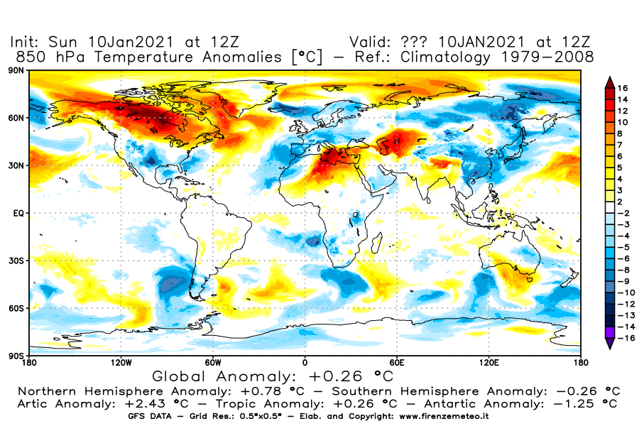 Mappa di analisi GFS - Anomalia Temperatura [°C] a 850 hPa in World
									del 10/01/2021 12 <!--googleoff: index-->UTC<!--googleon: index-->