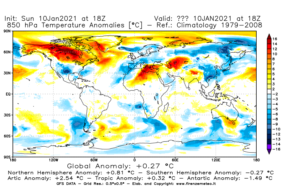 Mappa di analisi GFS - Anomalia Temperatura [°C] a 850 hPa in World
							del 10/01/2021 18 <!--googleoff: index-->UTC<!--googleon: index-->