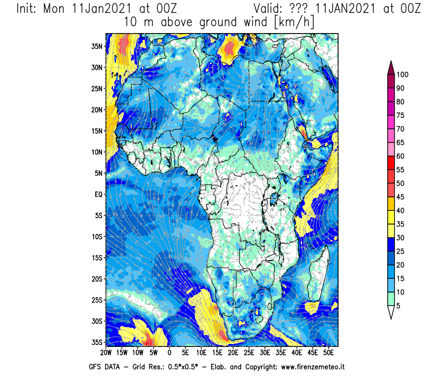 Mappa di analisi GFS - Velocità del vento a 10 metri dal suolo [km/h] in Africa
							del 11/01/2021 00 <!--googleoff: index-->UTC<!--googleon: index-->