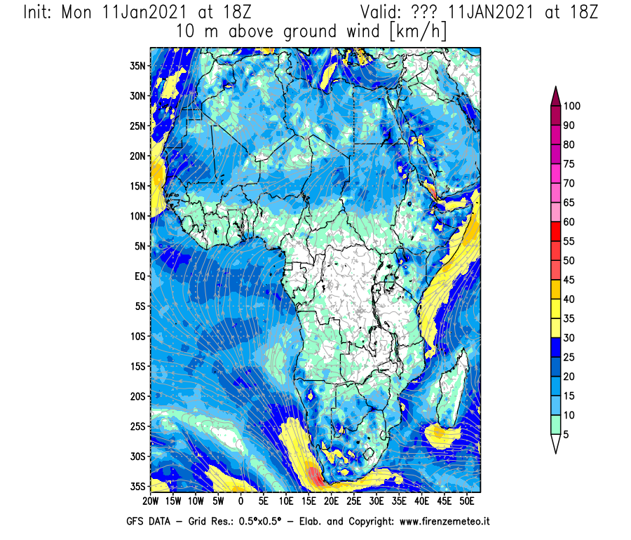 Mappa di analisi GFS - Velocità del vento a 10 metri dal suolo [km/h] in Africa
							del 11/01/2021 18 <!--googleoff: index-->UTC<!--googleon: index-->