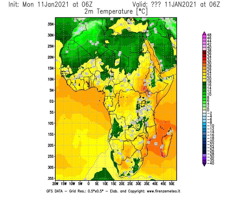 Mappa di analisi GFS - Temperatura a 2 metri dal suolo [°C] in Africa
							del 11/01/2021 06 <!--googleoff: index-->UTC<!--googleon: index-->