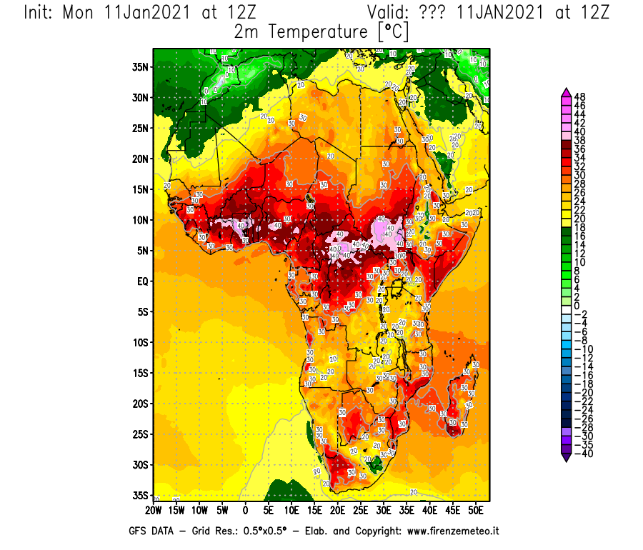 Mappa di analisi GFS - Temperatura a 2 metri dal suolo [°C] in Africa
							del 11/01/2021 12 <!--googleoff: index-->UTC<!--googleon: index-->