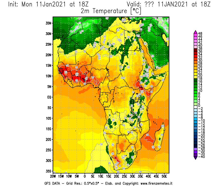 Mappa di analisi GFS - Temperatura a 2 metri dal suolo [°C] in Africa
							del 11/01/2021 18 <!--googleoff: index-->UTC<!--googleon: index-->