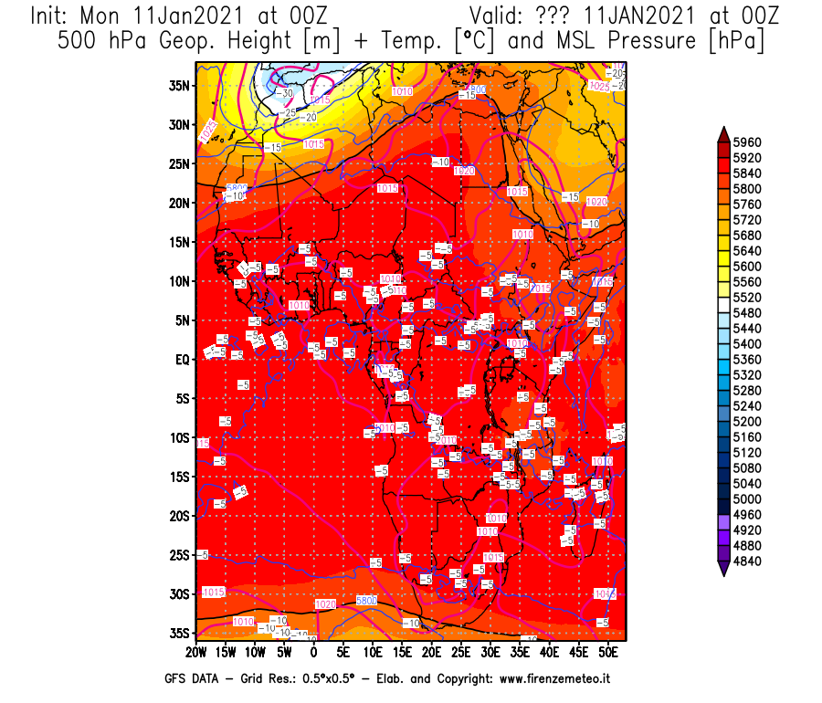 Mappa di analisi GFS - Geopotenziale [m] + Temp. [°C] a 500 hPa + Press. a livello del mare [hPa] in Africa
							del 11/01/2021 00 <!--googleoff: index-->UTC<!--googleon: index-->