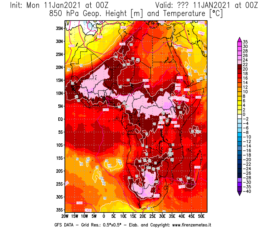 Mappa di analisi GFS - Geopotenziale [m] e Temperatura [°C] a 850 hPa in Africa
							del 11/01/2021 00 <!--googleoff: index-->UTC<!--googleon: index-->
