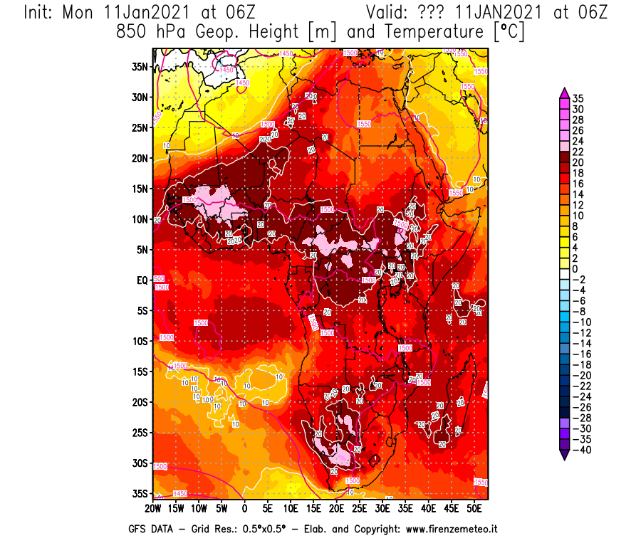 Mappa di analisi GFS - Geopotenziale [m] e Temperatura [°C] a 850 hPa in Africa
							del 11/01/2021 06 <!--googleoff: index-->UTC<!--googleon: index-->